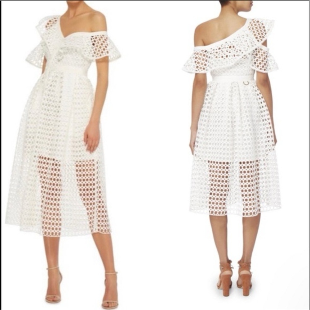 Self-Portrait Lace Frill Asymmetric shoulder Midi Dress UK Size 6 and US Size 2‎